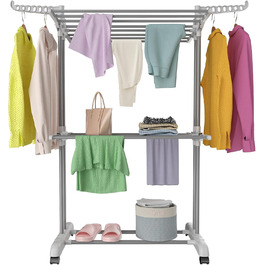 Foldable Stainless Steel Clothes Rack with Wheels, Portable, for Indoor and Outdoor Use, White/Gray (Light Gray)