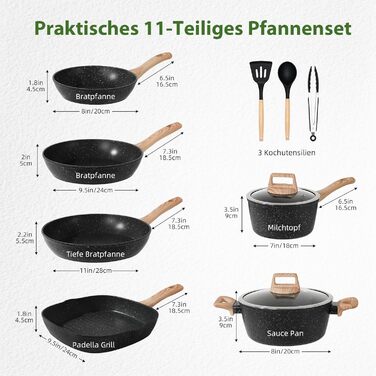 Набір каструль та сковорідок GMISUN 11 предметів з нержавіючої сталі, індукційне дно, для всіх типів плит, без PFOA/PFOS, чорний