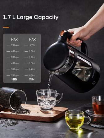 Electric Kettle with Temperature Control - 1.7L Glass Kettle with Keep Warm Function, 2200W Fast Boil, Auto Shut-Off & Dry Boil Protection, 5 Color LED Lights - Black