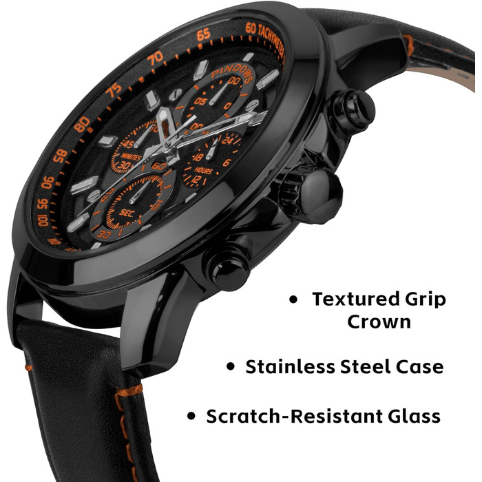 Чоловічий годинник PINDOWS з хронографом, кварцовий, аналоговий, водонепроникний, чорний корпус, чорний/коричневий ремінець, помаранчевий циферблат