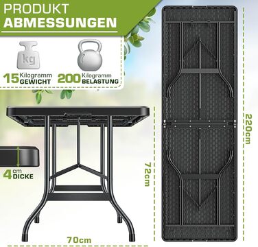 Зручний розкладний садовий стіл Tillvex 180x75 см з ручкою для перенесення | Стіл для тераси, балкона, кемпінгу на 8 осіб (220x70 см, чорний)