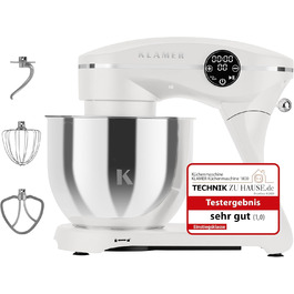 KLAMER 1800W Stand Mixer - Stainless Steel Bowl 6L, 10 Speed Settings, Timer, Planetary Mixing, Dough Hook, Whisk & Beater - White