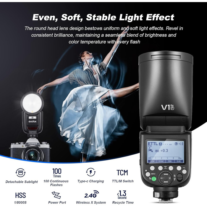 Godox V1PRO-F: Професійний спалах для камер Fujifilm з Li-ion батареєю, 76Ws, HSS 1/8000s, бездротовий зв'язок 2.4G, TTL