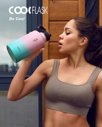 Термопляшка Coolflask 2л з соломинкою та 3 кришками, нержавіюча сталь, для спорту/офісу, герметична (Bubble Gum, 1893 мл)