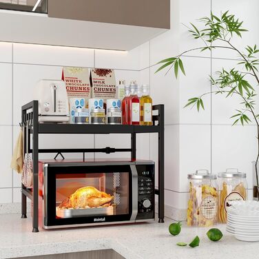 Регульована полиця для мікрохвильової печі, 2-рівнева, розширювана, металева, з 8 гачками, чорна