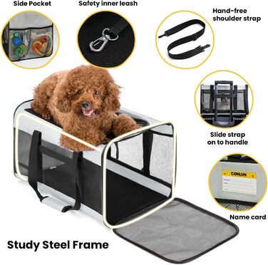 Транспортна переноска для кота Conlun, м'яка переноска з сіткою з 4 сторін, підходить для перевезень літаком, для кошенят та невеликих котів до 6 кг, складана переноска для собак, сіра, 51x31x31 см