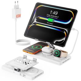 Зарядна станція Geekera 4-в-1 для Apple: кабель для iPad, магнітна бездротова зарядка iPhone Air/12-17, Apple Watch, AirPods (Металевий білий)