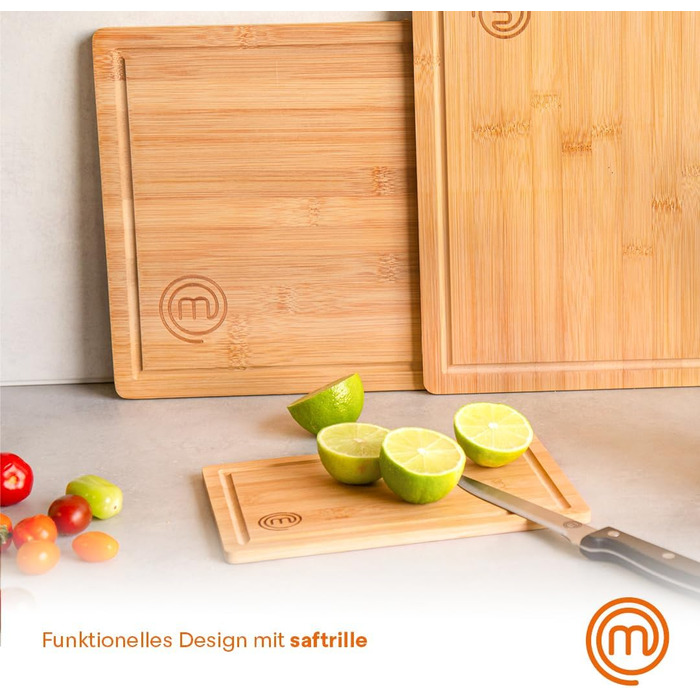 Набір дерев'яних обробних дощок MasterChef: великий (38x27.5 см), середній (34x23.5 см), маленький (23x15 см) з жолобом для соку, 3 шт.