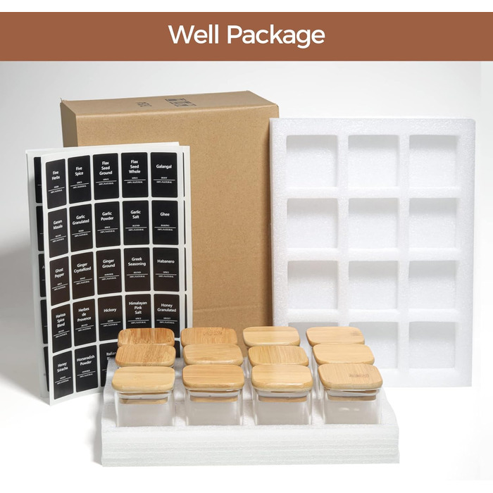 Набір скляних баночок для спецій ComSaf 120 мл (12 шт.) з етикетками, дерев'яними кришками та щільним закриттям