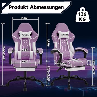Ігрове крісло SUKIDA Ergonomic Gaming Chair з підставкою для ніг та підтримкою попереку, фіолетово-біле