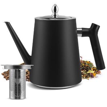 Чайник нержавіюча сталь 1.5л з ситечком, чорний, з термостійкою ручкою для трав'яного чаю та настоянок, двостінний, ізольований, для чаю та кави