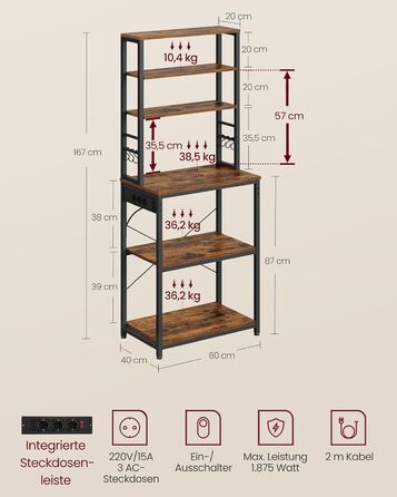 Стелаж кухонний VASAGLE з розетками, 6 полиць, гачки, сталевий каркас, 40x60x167 см, золотий дуб + білий