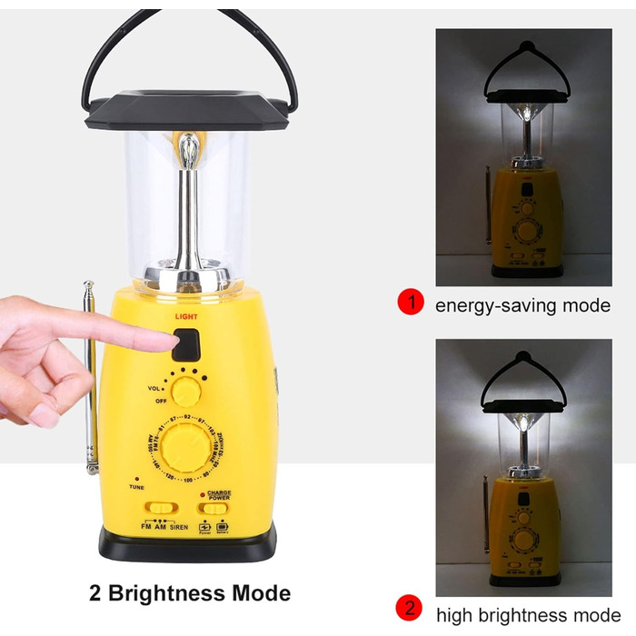 VGEBY LED Camping Lantern, 8 LED Solar Crank Lantern Hand Crank Lantern Rechargeable Solar Lantern With AM/FM Radio FOR Camping, Storms, Power Outages, Hiking, Walking, Festivals, Caravans