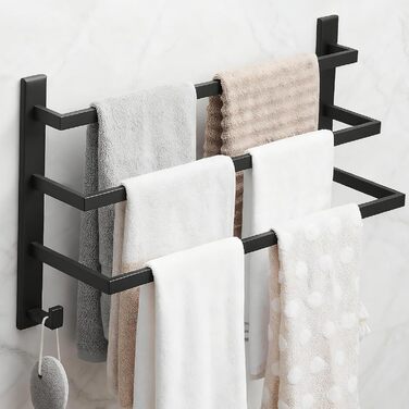 Тримач для рушників без свердління для ванної кімнати | Без бактерій | Приховані шурупи | Тримач для рушників з гачками - нержавіюча сталь SUS 304, чорний
