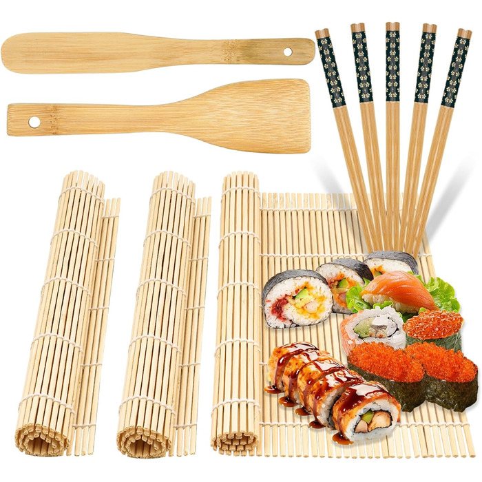 Набір для приготування суші на 10 порцій: 3 бамбукові мати, 5 пар паличок, ніж та ложка для рису. Для початківців та професіоналів