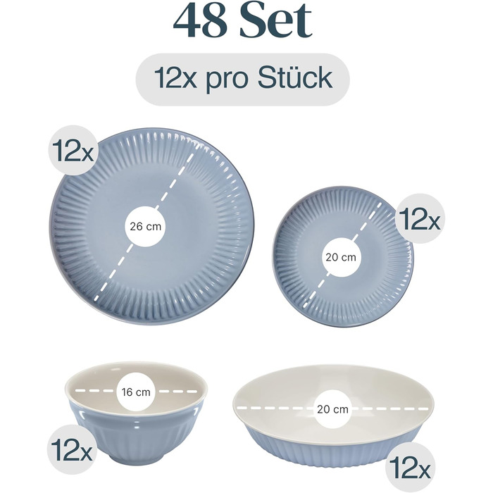 Набір посуду Steingut Hygge 48 предметів (12 осіб), сіро-блакитний колір, преміум якість