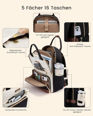 LOVEVOOK Рюкзак для жінок, 15.6 дюймів, для ноутбука, шкільний, для підлітків, з великою кишенею для пляшки, універсальний, для подорожей, елегантний, для роботи, на кожен день, для подорожей, Khaki Beige (Чорний, Білий, Коричневий)