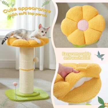 Flower Cat Tree - Small Cat Tree for Indoor Cats with Super Thick Scratching Post [Dia=14cm], Detachable Flower Cat Bed, Feather Ball - (Yellow)