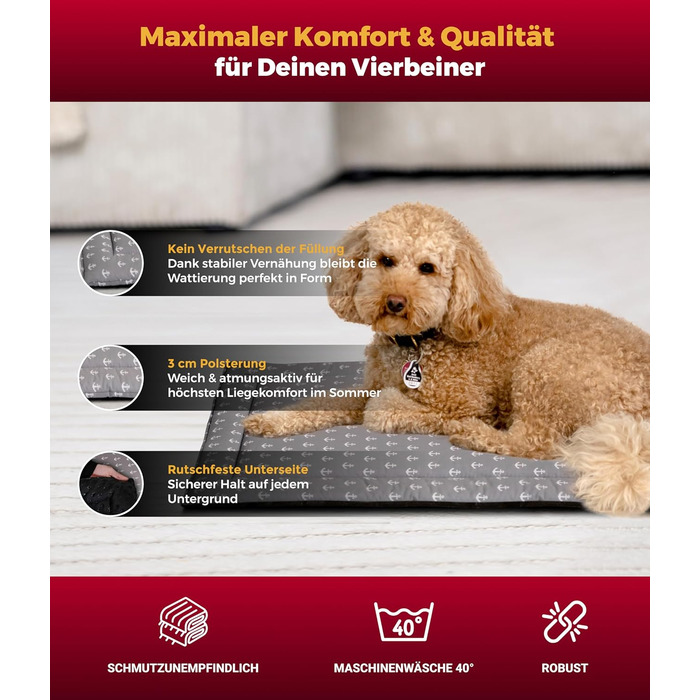 Літня подушка для собак HS-Hundebett® з бавовни з наповнювачем та антиковзким покриттям XS – М'яка подушка для собак на літо – Пральна та довговічна – Легка літня подушка для собак – Виготовлено в Німеччині (Сірий колір, 65x95 см)