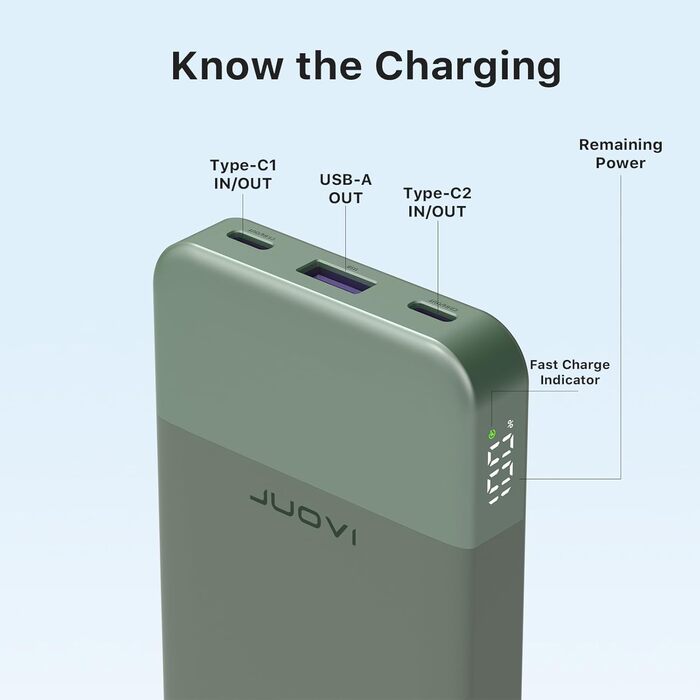 Power Bank JUOVI 35W 10000mAh з LED дисплеєм: швидка зарядка PD3.0/QC4.0 для iPhone 16/15/14, Samsung, Switch та інших пристроїв (зелений)