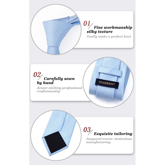 Краватки для чоловіків HISDERN: святкові краватки з кишеньковим хустинкою, класичний візерунок, в клітинку, для весілля та ділових зустрічей, блакитний колір