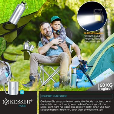 Крісло для кемпінгу KESSER® розкладне, до 150 кг, для риболовлі, з підлокітниками, високою спинкою, пляшкотримачем, світлом, сумкою, бежевий/чорний