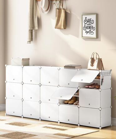 HOOBRO 8-Tier Shoe Rack, Shoe Cabinet, for 32 pairs of shoes, 40 x 30 x 30 cm per compartment, narrow, with doors, plastic, for living room, bedroom, hallway, entrance, White EWT28SC01G1 (16 compartments, 160 x 30 x 120 cm), White)