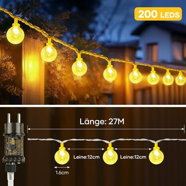 LED ліхтарна гірлянда на батарейках, 27 метрів, тепле біле світло, для дому та саду, IP65, з пультом дистанційного керування, димування, для кімнат, святкування, Різдва
