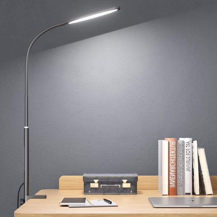 LED лампа для столу з кріпленням, регульоване затемнення, архітектурна лампа, лампа для офісу з регульованим кріпленням, пульт дистанційного керування, 4 колірні температури, чорний