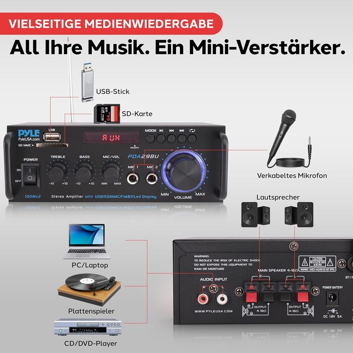 Pyle підсилювач 200Вт, стерео Bluetooth, 2-канальний, RCA, USB, SD, MIC, FM-радіо, регулювання басу та високих, для дому, авто, студії, домашнього кінотеатру