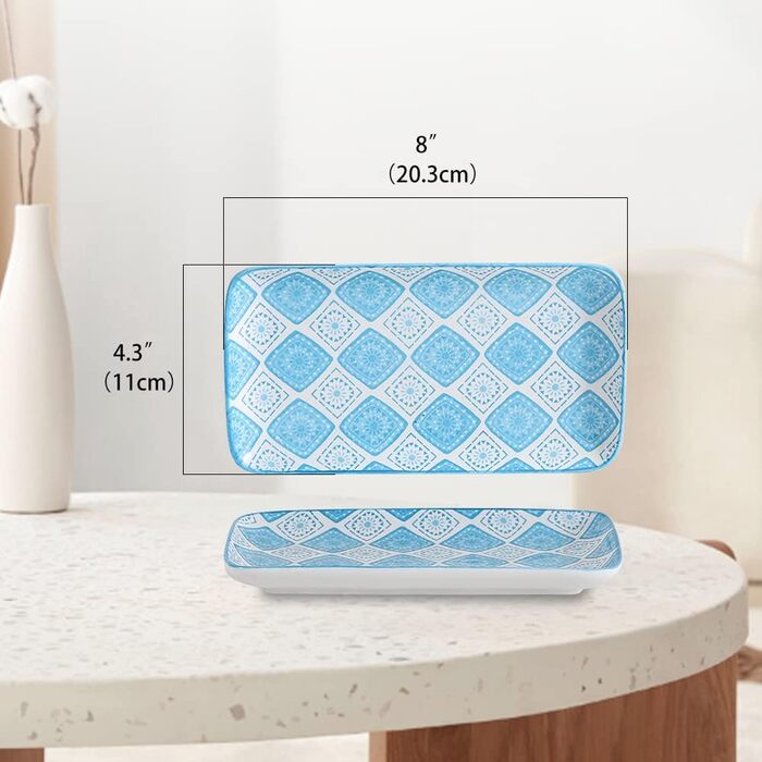 Набір прямокутних тарілок для суші, десертів та закусок - 6 шт. | Порцеляна, 20 x 11 см | Яскраві кольори, безпечні для миття в посудомийній машині