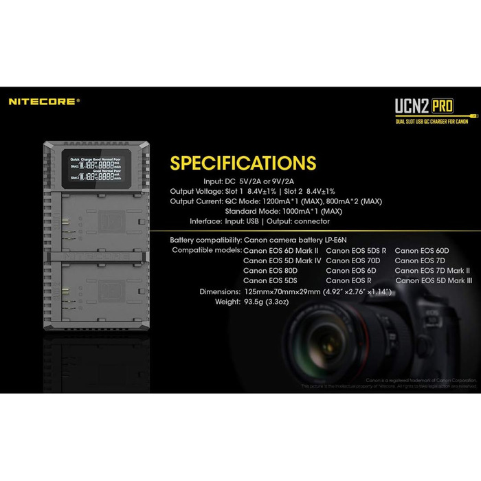 Зарядний пристрій Nitecore UCN2 Pro для Canon LP-E6 (N), чорний (подвійний)