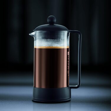 Bodum French Press Brazil - Френч-прес 1л / 8 чашок кави - Скляний глечик з нержавіючою сталлю, BPA-free, для миття в посудомийній машині, класичний дизайн, Made in Portugal