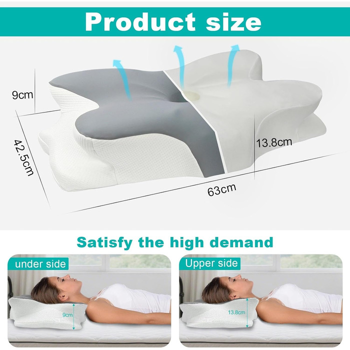 Ортопедична подушка Omtofo з піною з пам'яті для шиї, спини та сну на животі, 63 x 42.5 x 13.8/9 см
