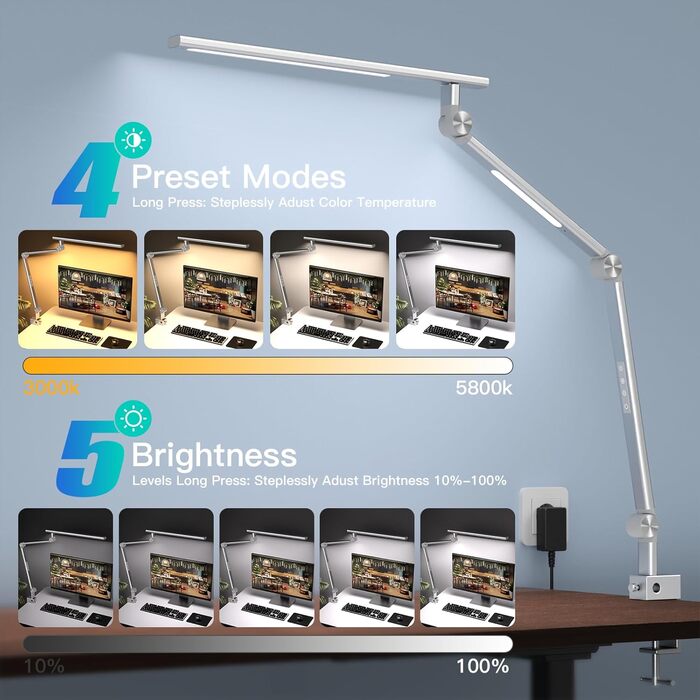 VERSKI LED Desk Lamp - Dimmable 18W Dual Light Source, Eye Protection, Daylight Lamp with 5 Color Temperatures & Adjustable Brightness for Home Office & Office - Silver