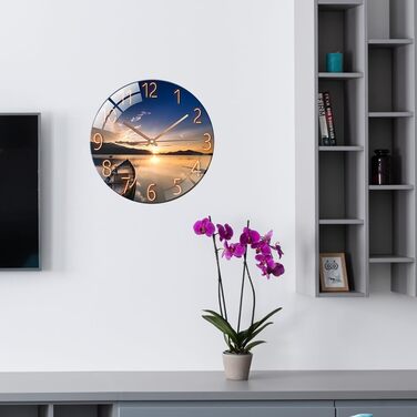 ALEENFOON Wall Clock, Glass, 30cm, Silent, Non-Ticking, Decorative Round Wall Clock for Living Room, Kitchen, Bedroom, Hallway, Office (Sunset)