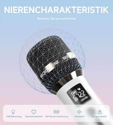 Бездротовий мікрофон з LED-підсвічуванням для караоке та YouTube/TikTok, 40 годин роботи, 60 метрів радіус дії, регулятор гучності, білий