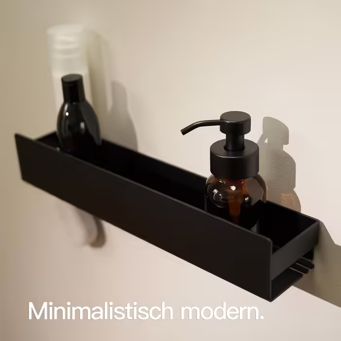 Полиця для душу Designfabrik Hamburg, самоклеюча, без свердління, чорна, 42 см – органайзер для ванної кімнати, настінне підвісне металеве душове та ваннецьке регальне рішення