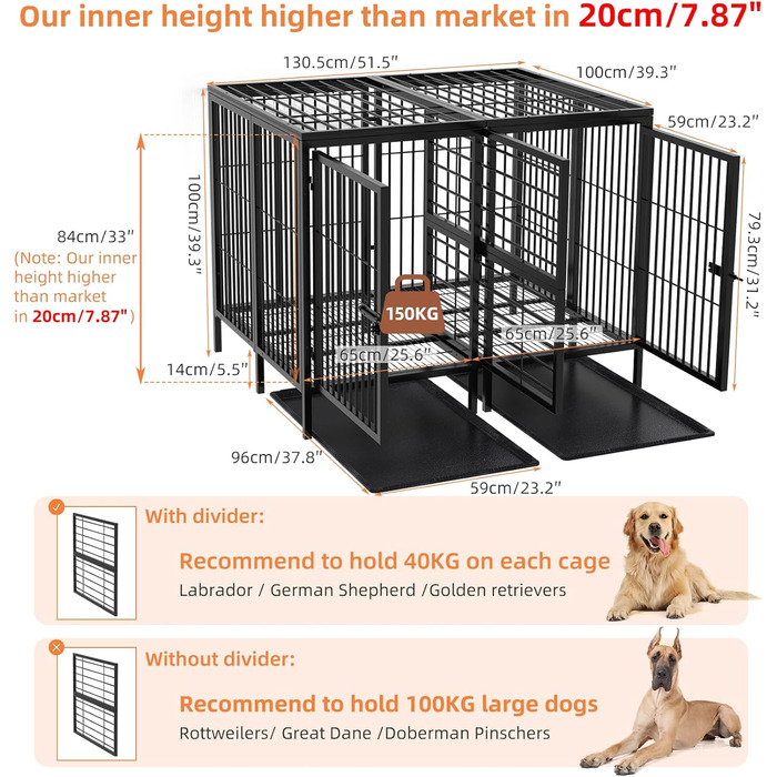 Кіяж для собак BingoPaw XXXL: міцна переносна клітка-вольєр для великих собак, 130x100x100 см, з подвійним доступом та піддоном