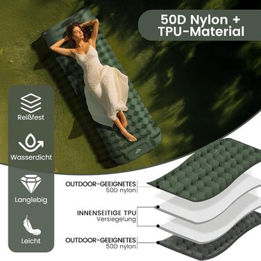 Каремат самонадувний туристичний Tuocal Isomatte, 9 см, з подушкою, з насосом, антиковзаюча поверхня, для кемпінгу, відпочинку на природі, подорожей, намету (армійний зелений)
