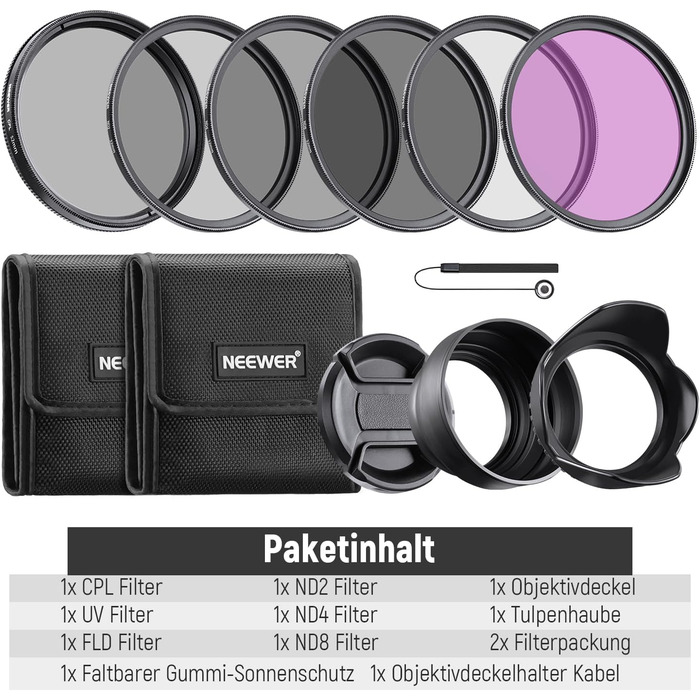 Набір фільтрів NEEWER 52mm ND/UV/CPL: ND2, ND4, ND8, UV, CPL, FLD, з кришкою об'єктива та блендою