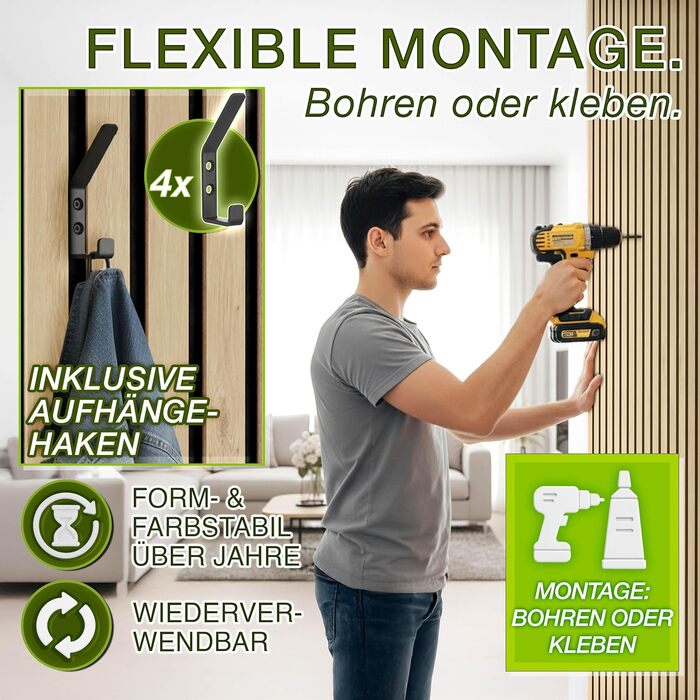 Акустичні панелі TRESKO з дерева 120×60x2,1 см, світлий дуб (2 шт.) — 3D ламельна стіна для шумоізоляції з вішаками для одягу