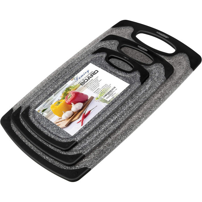 Набір з 3-х обрізних дощок Famiry: пластик, антиковзаюча поверхня, з ручкою, сафтові канавки, BPA-free, придатні для миття в посудомийній машині