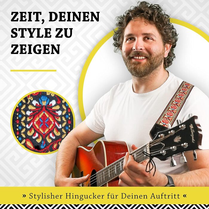 Гітарний ремінь Belfort® для електрогітари, акустичної гітари, бас-гітари та укулеле - для дорослих та дітей, з мікрофібри + E-BOOK (Vintage)