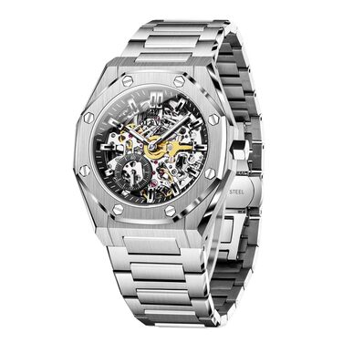 Чоловічий механічний годинник OLEVS Gold Skeleton з автопідзаводом, водонепроникний, зі сталі з діамантовим напиленням та підсвіткою (6669: Сріблясто-чорний)