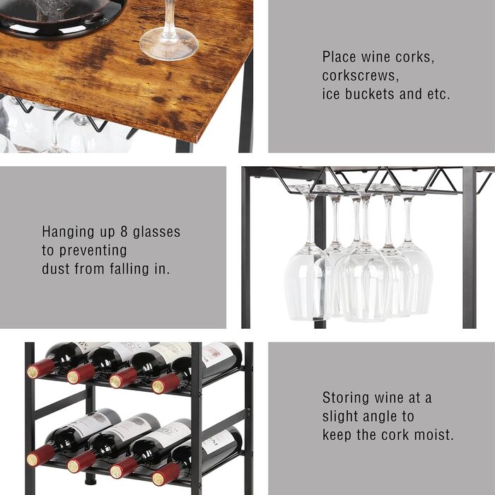 YBING Wine Rack, Freestanding, Floor Wine Bar Rack with Glass Holder and Tabletop, 8 Bottles, Wood Wine Tables with Shelves, 4 Tiers, Wine Bottle Organizer, Display Stand, Rustic Brown