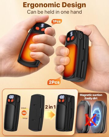 Електричні грілки для рук 2 шт. з LED-дисплеєм та 5 рівнями нагріву, USB-C, ідеальні для гольфу, кемпінгу, походів, зимових видів спорту, чорні