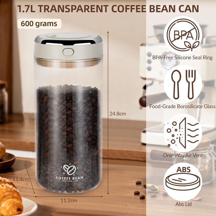 Герметичний контейнер для кави 1700 мл з CO₂-вентилем та індикатором дати, для зберігання кавових зерен, чаю, горіхів, какао. Зберігає свіжість та аромат.