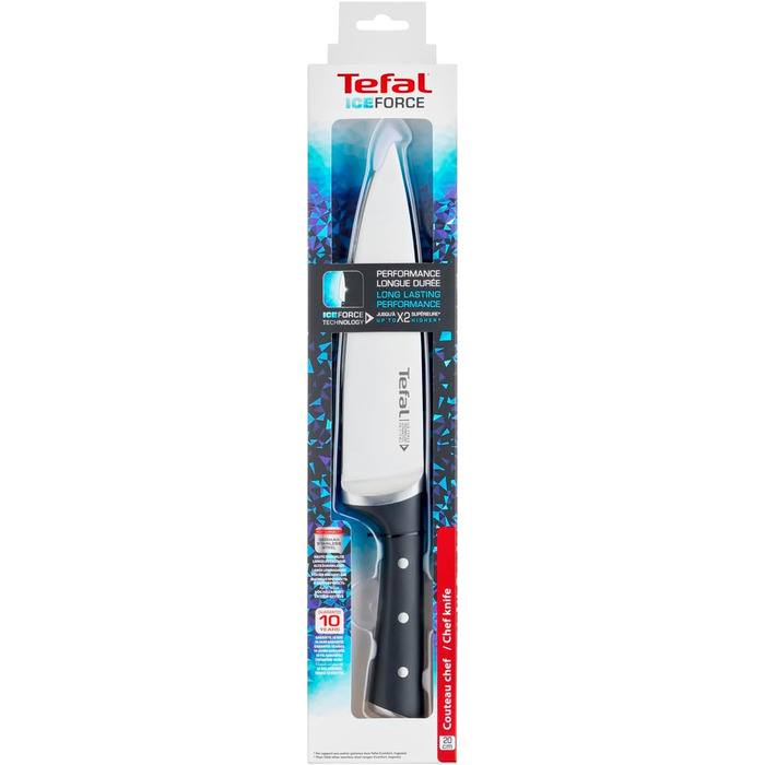Ніж кухарський Tefal Ice Force 20 см, нержавіюча сталь, захист від корозії, вироблено в Німеччині, чорний K23202