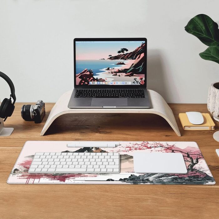 Килимок для миші для геймінгу, чорний, Kanagawa, великий, 80 x 30 см, з гумовою основою, водонепроникний, з прошитими краями, для геймінгу, офісу, дому (Чорна хвиля) (Рожевий)